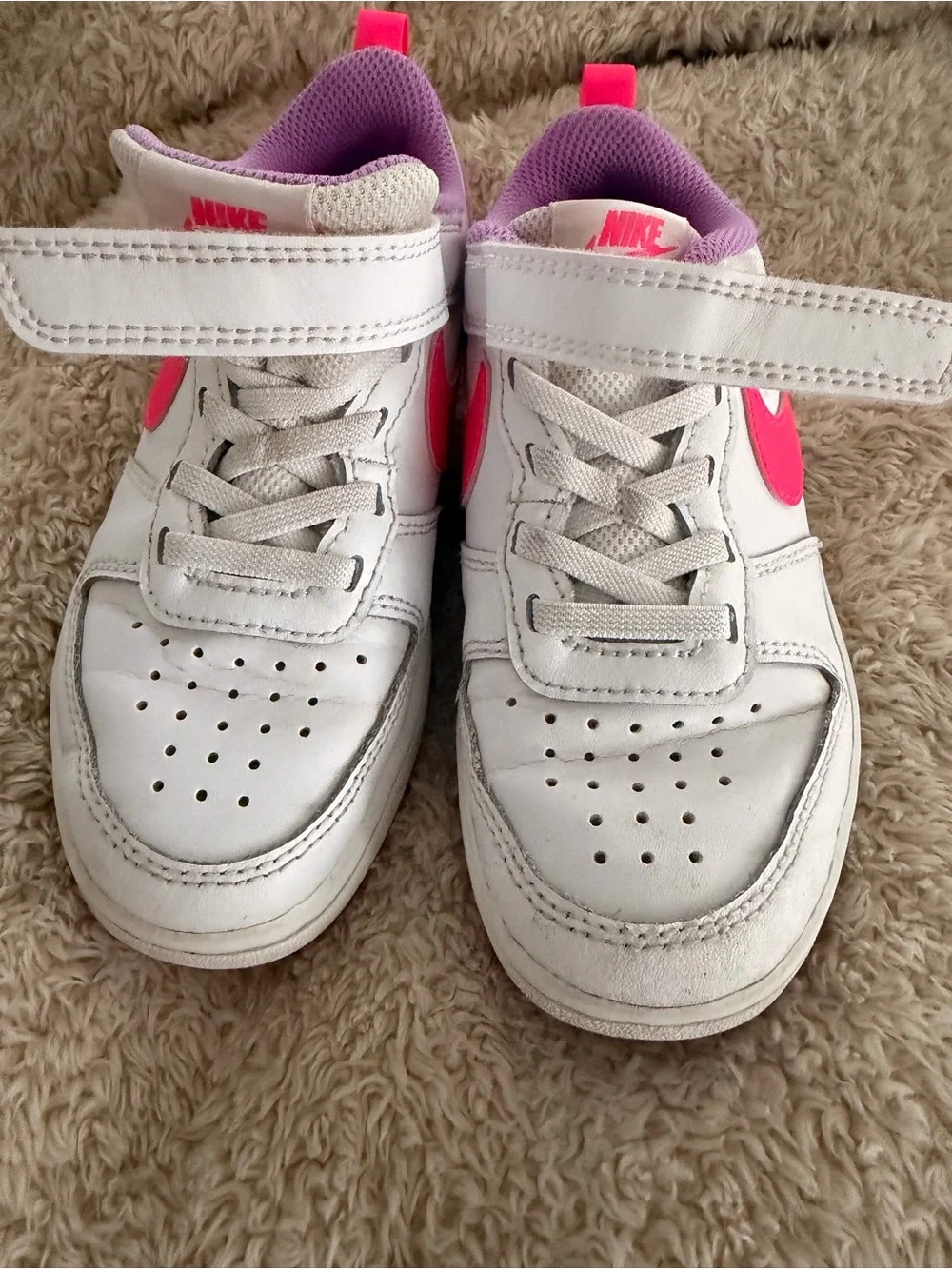 Nike White Kids Sneakers with Hot Pink Swoosh and Purple Lining